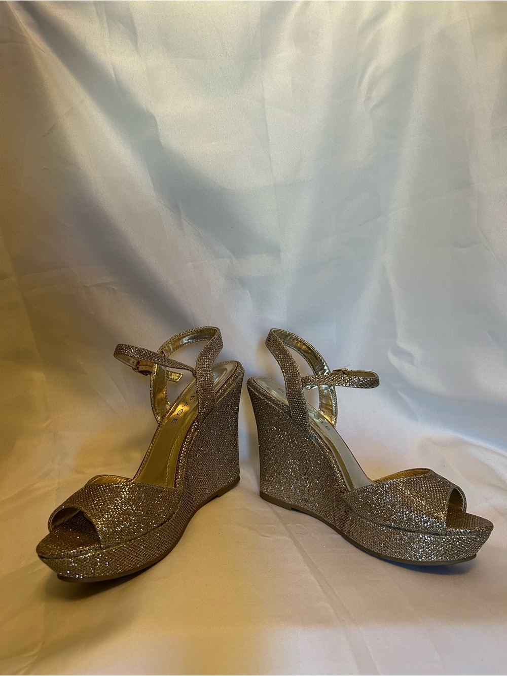 Rampage Gold Glitter Wedge Sandals with Ankle Strap